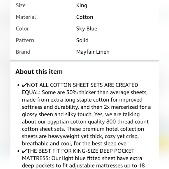 Mayfair Linen 800 Thread Count 100% cotton  sateen weave King sheet set-sky blue - Picture 10 of 13